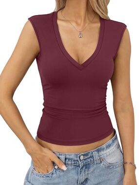 Sleeveless V-Neck Fitted Tank Top - Burgundy
